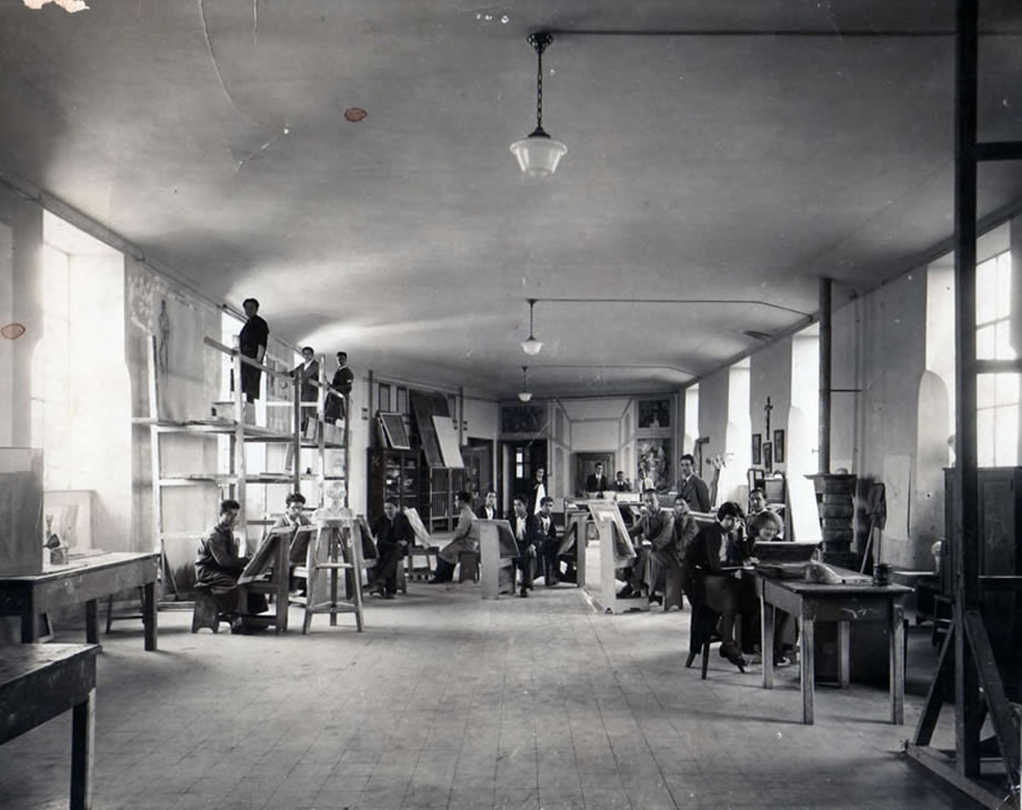 Aula di Decorazione Pittorica, fine anni ’30, primi anni ’40, I.S.A. Napoli, docente Aberto Chiancone